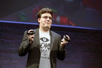 Founder reveals the Oculus Touch 'Half Moon' Prototype in 2015 | Photo courtesy Oculus