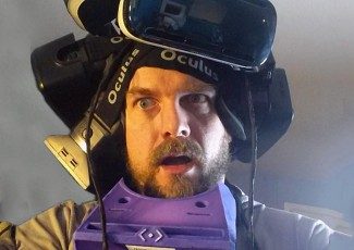 Cloudhead Games' Denny Unger shows off a cacophony of VR headsets