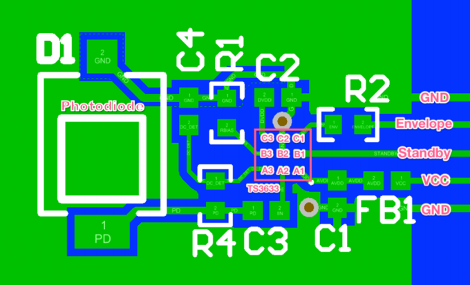 An example circuit layout for a sensor using the TS3633