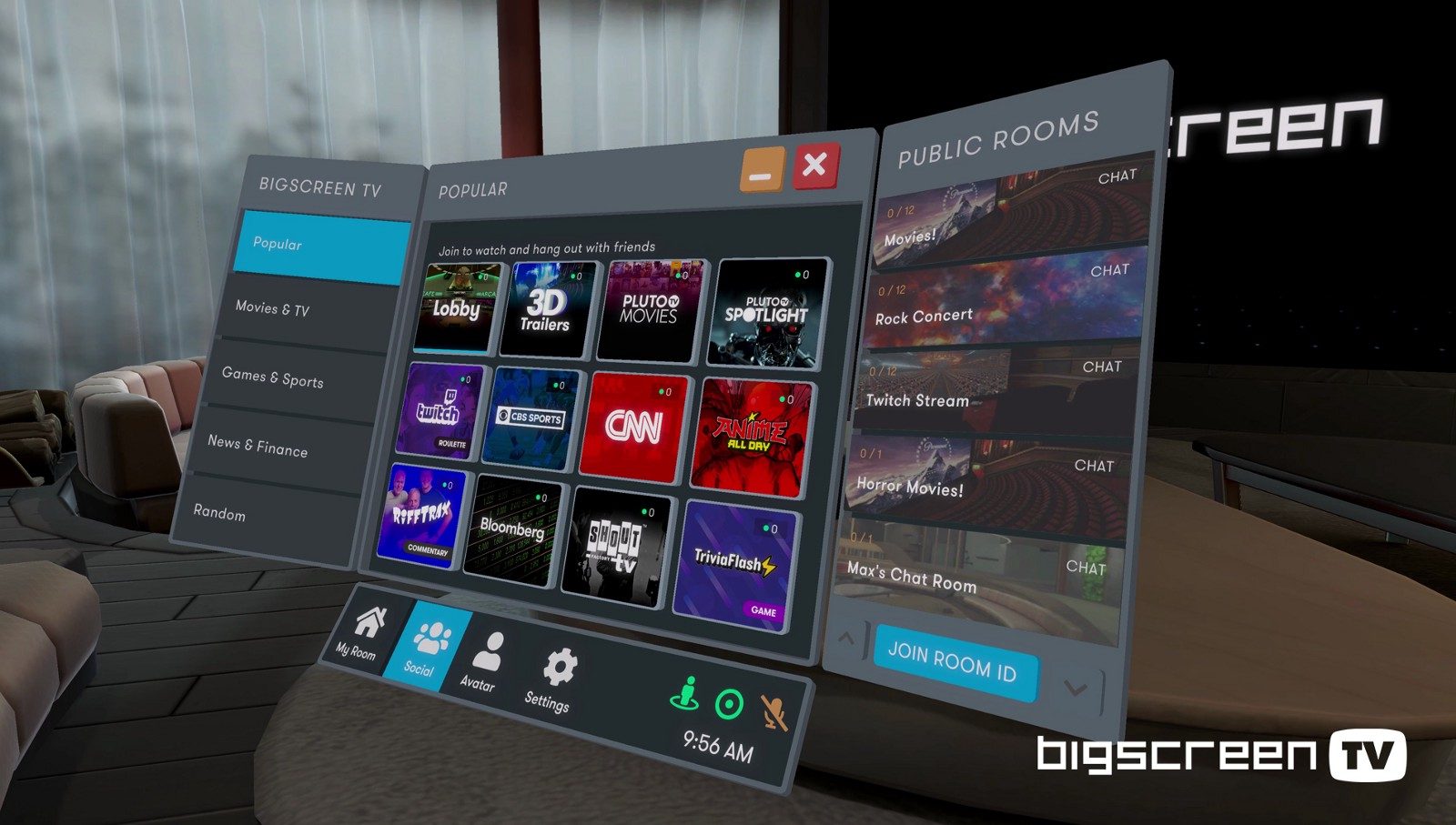 Bigscreen Brings 50+ Free Steaming TV Channels to Social VR Viewing Platform1600 x 907